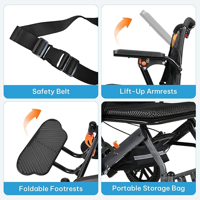 Carbon Fiber–Coated Wheelchairs for Adults, Transport Wheelchair Lightweight Foldable with Pull Rod, 10" Honeycomb Wheels, 16.2" Seat Width, 220 LBS Capacity, Includes Storage Bag