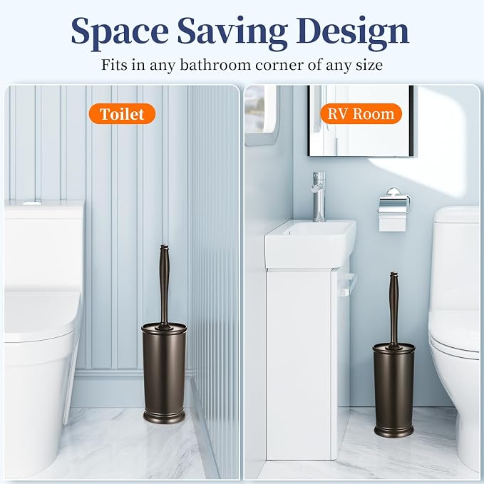HAMITOR Toilet Bowl Brush Holder Set: 2 Pack Modern Deep Cleaning Bathroom Toilet Scrubber with Caddy for rv - Rim Decorative Accessories Cleaner Brushes for Toilet - Bronze1