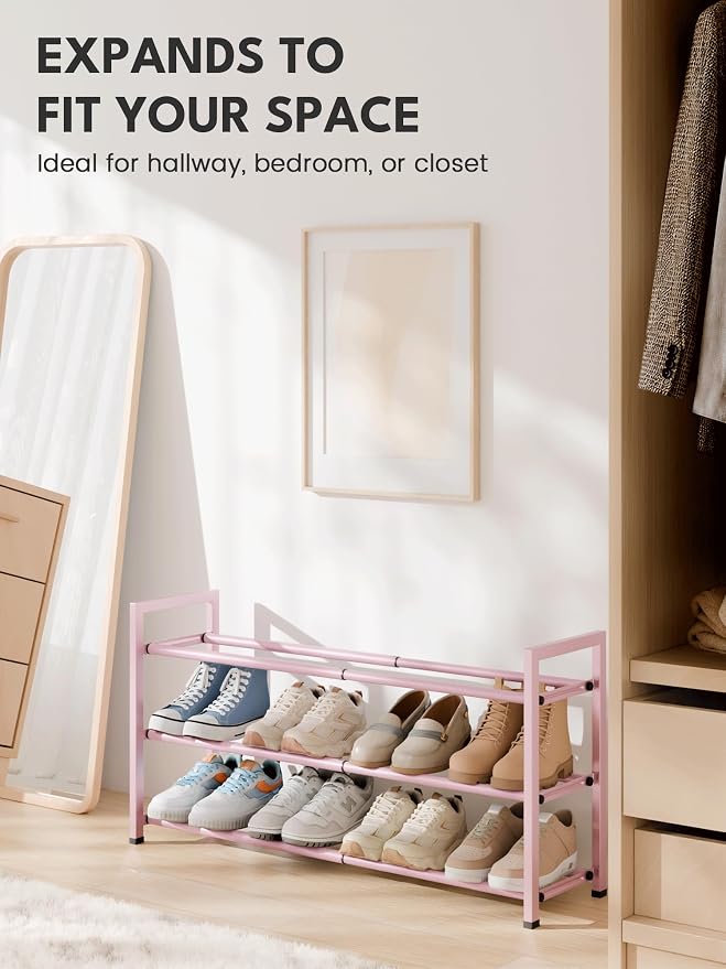 Bumusty 3-Tier Expandable Shoe Rack for Closet, 18“-33” Adjustable Shoe Rack for Small Space, Small Shoe Organizer for Front Door, Sturdy Metal, Pink