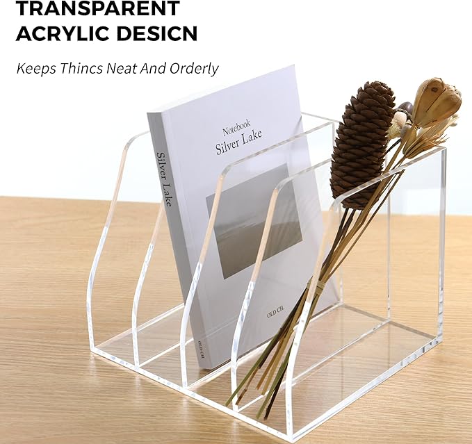 Acrylic File Folder Holder for Desk with Handles, 4-Slot Clear Desk Organizers and Accessories, Vertical Magazine File Sorter & Binder Holder, Desktop Book Organizer for Office, School & Home
