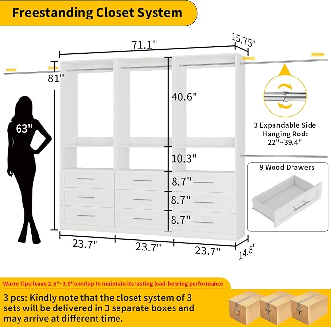 Closet System with 9 Drawers, 6-15FT Closet Systems for Walk in Closets with 6 Expandable Rods & 3 Shelves, Wood Custom Modular Closet Organizer Storage System Shelving Kit, 3 Sets, White
