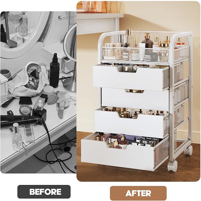 Makeup Organizer Cart with 4 Drawers, Vanity Storage Drawer Carts with Dividers, Nail Cart Organizer Cosmetic Display Cases Cabinet for Skin Care, Nail Polish, Perfume, White
