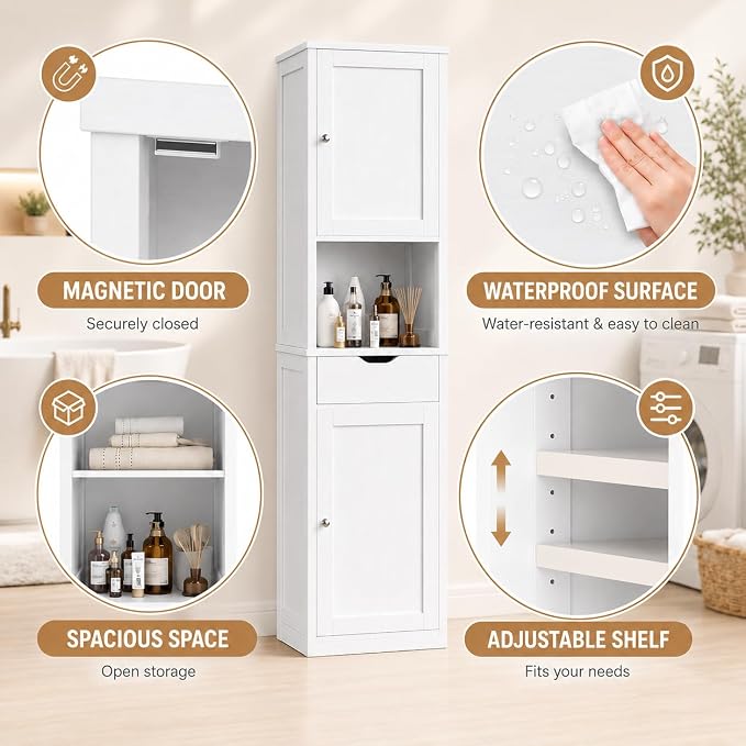 Walsunny Tall Bathroom Storage Cabinet with Freestanding Adjustable Shelves, Narrow Storage Linen Cabinet with 2 Doors and 1 Drawer for Bathroom, Living Room, Kitchen(White)