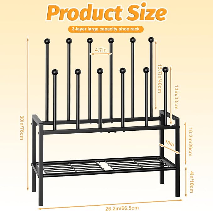 Freestanding Shoe Racks - 3 Tier Metal Boot Rack with 12 Long Posts Holds 6 Pairs Tall Boots, Shoe Storage Organizer for Entryway Closet Bedroom Hallway Indoor Outdoor