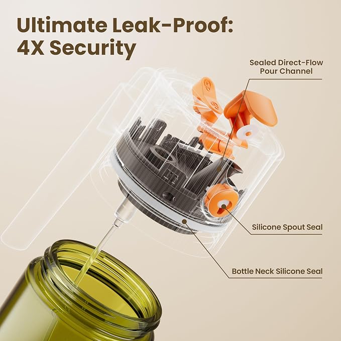 LAKUMIQI 2 in 1 Oil Sprayer & Dispenser, 17 oz Light-Blocking Glass Bottle | Large Capacity, Wide-Mouth for Easy Pouring and Cleaning, Leak-Proof Oil Bottle with Stickers for Salads, Air Fryers, BBQ