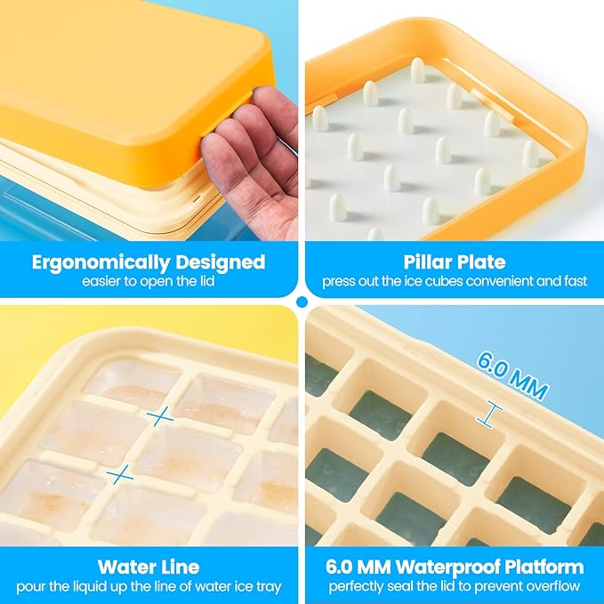 0.8“ Ice Cube Tray with Lid and Bin, PHINOX 84 Cubes Ice Trays for Freezer, Ice Cube Trays for Freezer with 3 trays, Container, Lid & Ice Scoop, BPA Free, Yellow(28Cubes/Tier)