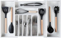 KitchenEdge Premium Silverware, Flatware and Utensil Organizer for Kitchen Drawers, Food-Safe Contract Grade, Expandable from 16 to 28 In, White Bamboo