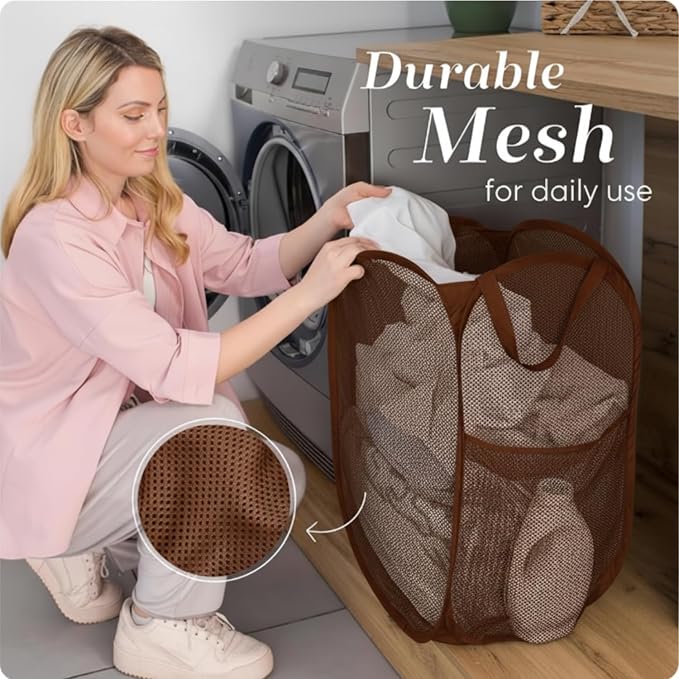 Handy Laundry Collapsible Mesh Pop Up Laundry Hamper with Side Pocket | Sturdy Reinforced Handles, Breathable Foldable Basket for Dorm, Travel, Cruise, Bedroom, 14 x 13 x 24 in, Brown
