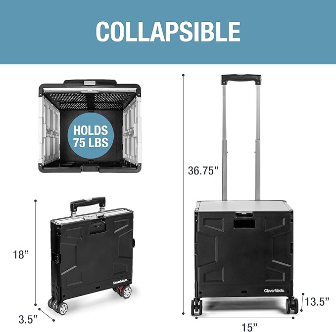 CleverMade Collapsible Crate on Wheels with Handle (35L, 4-Wheel) – Collapsible Rolling Cart with Lid, Foldable Utility Cart for Teachers, Groceries, Travel, and Office Storage – Holds 75 lbs, Black