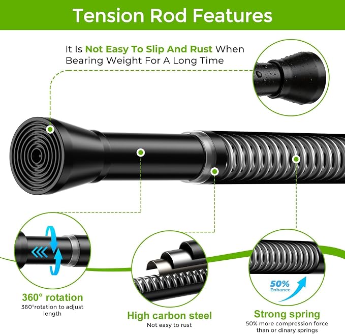 2 Pack Spring Tension Rod 28-48 Inches No Drilling Adjustable Black Spring Loaded Curtain Rod Expandable Extra Long Tension Curtain Rod for Windows,Kitchen,Doorway