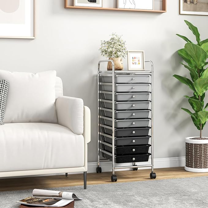 LDAILY 10-Drawer Rolling Storage Cart, Rolling Storage Cart, Storage Organizer on Wheels, Metal Frame, Scrapbook Paper Tools, Suitable for Office School, Classroom (Gradient Grey, 10 Drawer)