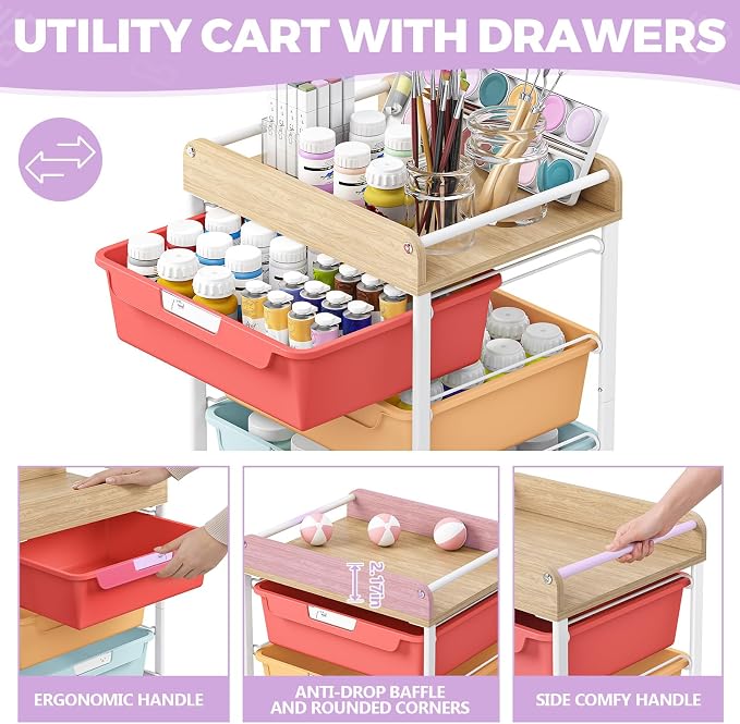 Rolling Craft Storage Cart with 4 Drawers,Utility Cart with Drawers,Art Craft Organizers and Storage,Kids Craft Cart,Kids Art Cart With DIY Lable and Wooden Tabletop Area,Jelly Bean Color