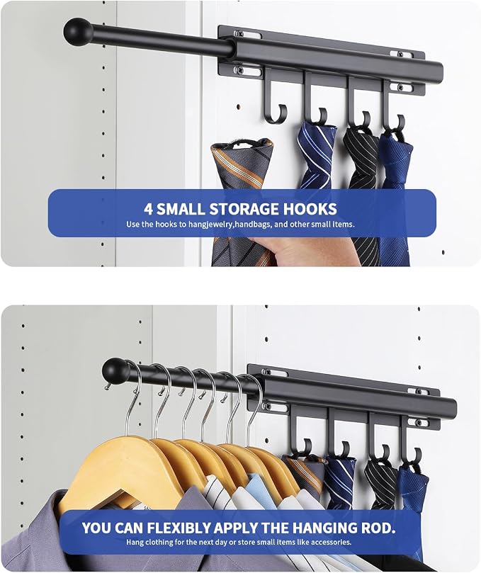 BaiNong Valet Rod for Closets Pull Out 12" Black with 4 Hooks (2Pack) | Closet Valet Rod Slide Out for Closets, Laundry Rooms, RVs Space-Saving