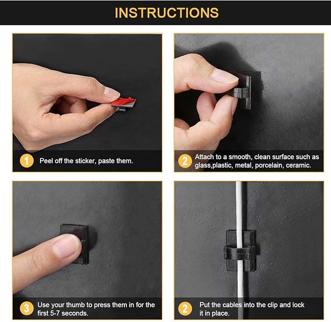 100pcs Self with 3M Adhesive Cable Clips Wire Holders Cord Organizer Cable Clamp Management Sticky for Office Home Car Desk Tables PC Laptop TV Wall, Black