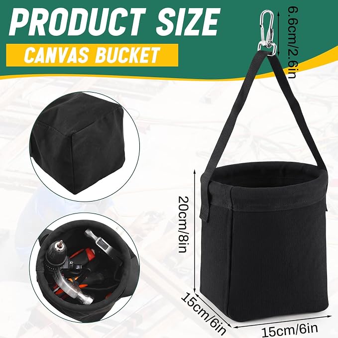 2 Pcs Tool Bags Square-Bottom 8" x 6.5" x 6.5", Canvas Tool Bucket Bag with 2 Interior Pockets & Metal Hook & Closure Loop, All-Purpose Bucket Tools Organizer for Outdoor Work Maintenance