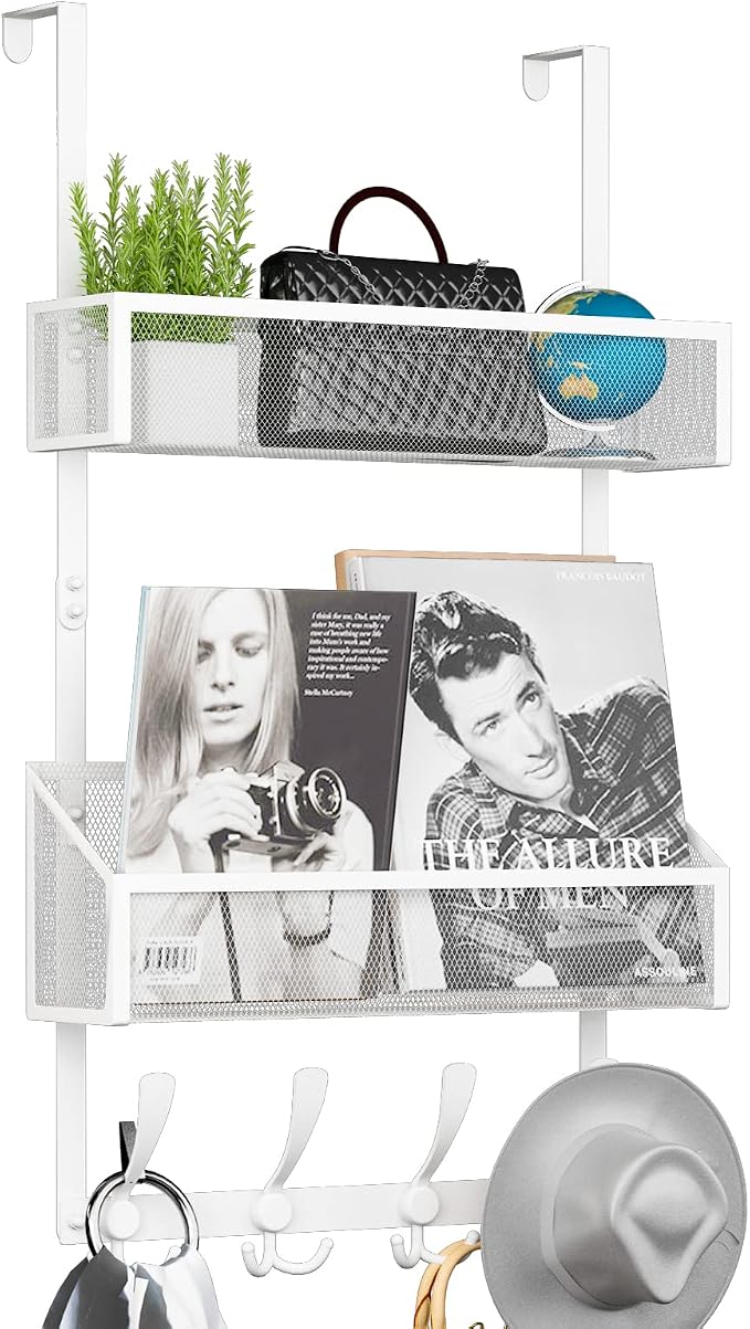 Kaiferty Over The Door Hooks Organizer, Coat Rack Over The Door Storage Hanger Towel Rack, Back of Door Storage Organizer for Bathroom,Bedroom,Kitchen,Office (White, 3-Tier)
