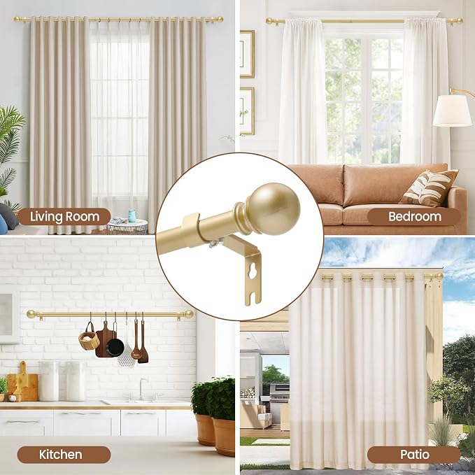 Gold Curtain Rod for Windows 30 to 60 Inch, 5/8 Inch Diameter Adjustable Curtain Rods With Brackets, Heavy Duty Easy to Install Curtain Rods for Bedroom, Outdoor Curtain Rod for Patio