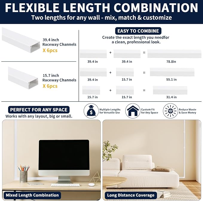 330 Inch Cord Cover Raceway Kit 6 Long 6 Short Cable Hider Paintable | White Cable Raceway, Wall Mount TV Wire Cover with 39.4 & 15.7in Channels, Easy Install Cord Concealer for Home Office