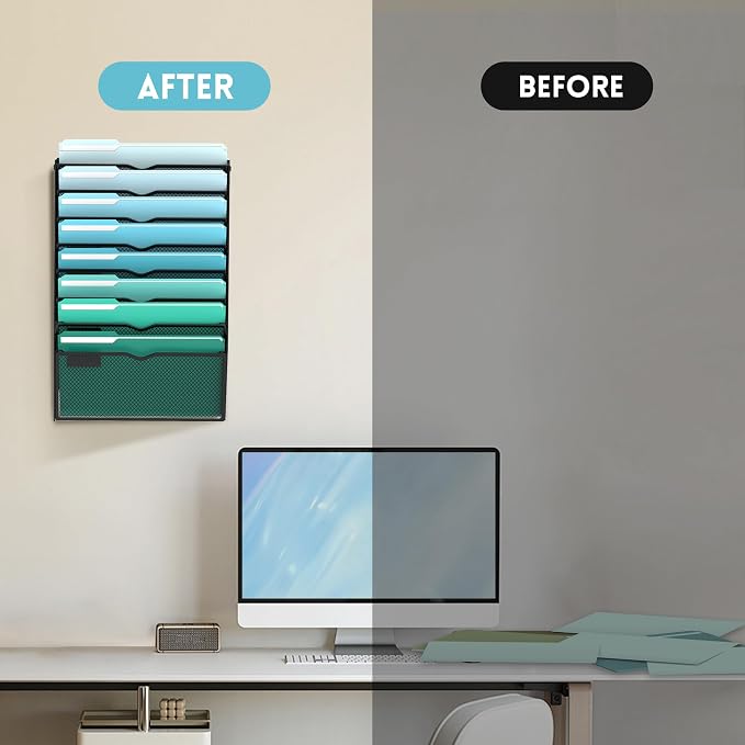 SUPEASY 8-Tier Wall File Organizer, Hanging Wall Files for Papers, Folders, Magazines, Wall Organizer for Clipboard, Assembly Needed, Black, 2 Pack