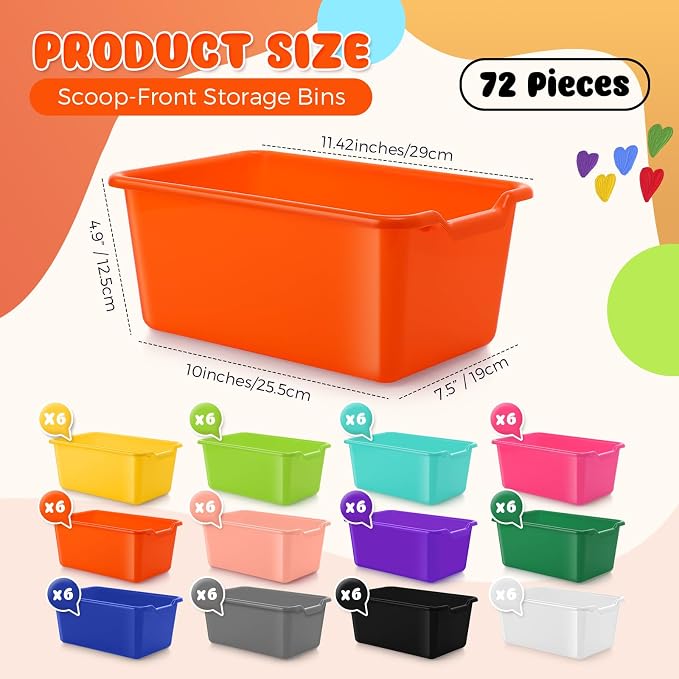 Dandat 72 Pcs Plastic Book Bins for Classroom Library Colorful Scoop Front Cubby Bins Stackable Toy Storage Containers with Handles for School Home Office Nursery Daycare (Bright Color)