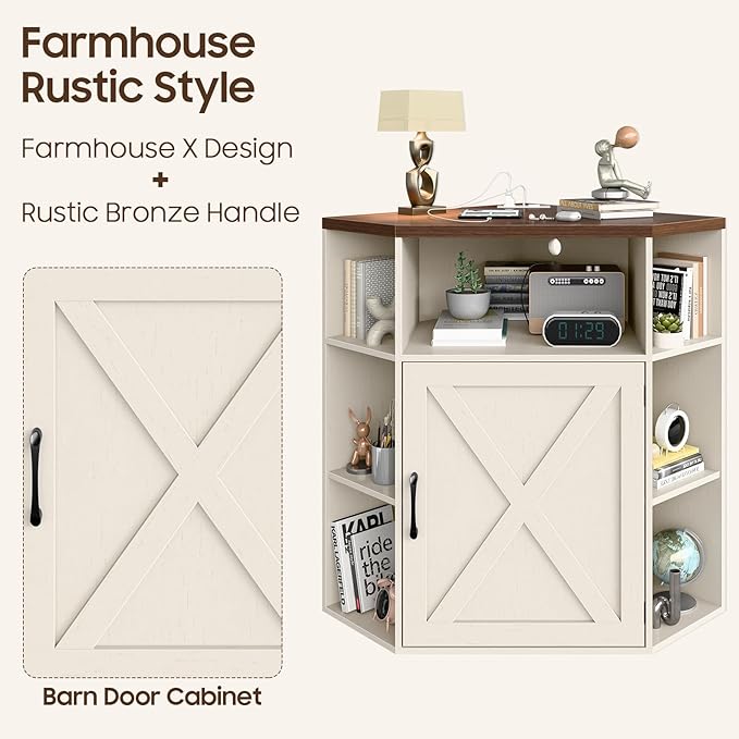 Halitaa Corner Storage Cabinet, Farmhouse Corner Bookshelf with Storage 6-Cubby Wooden Cabinet with USB Ports and Outlets Industrial Organizer for Small Space, Study, Playroom, Living Room