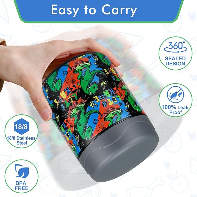 wiwens 12oz Soup Thermo for Hot Food Kids Insulated Food Jar Wide Mouth Lunch Container Leak Proof Stainless Steel Vacuum Bento Box for School Office Travel Outdoors Black-Dinosaur