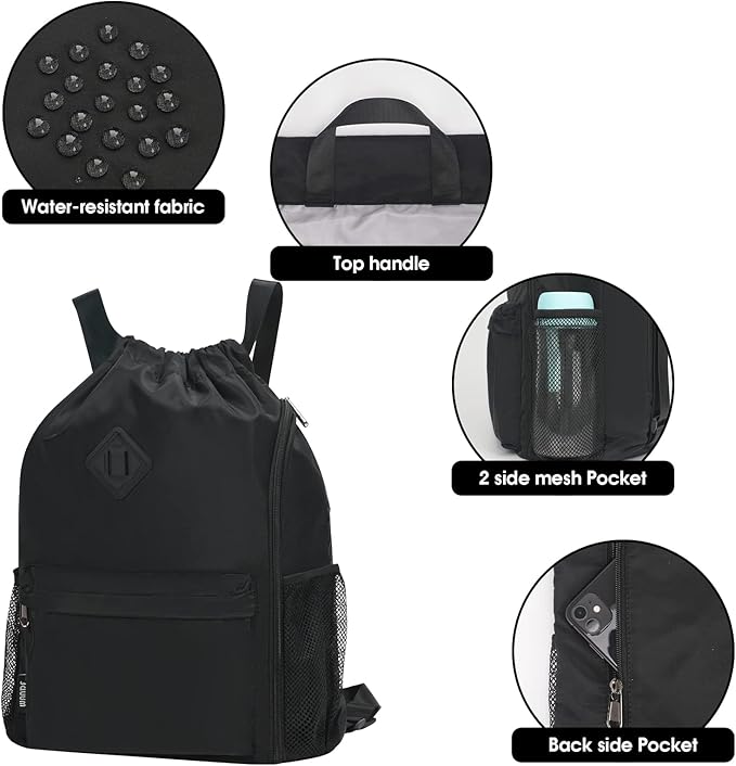 WANDF Drawstring Backpack with Shoe Compartment, Sports Gym Bag | Multi-Pocket Storage, Water-Resistant Fabric, Cinch String Bag