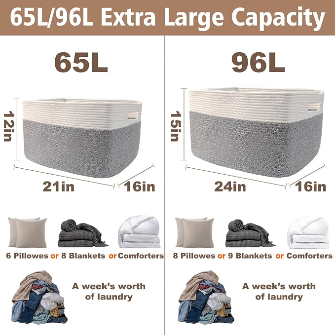 JMvicyroam Woven Blanket Basket,96L Large Storage Bin for Blankets Toys Clothes,Decorative Rope Basket for Living Room Bedroom with Handles, White&Grey