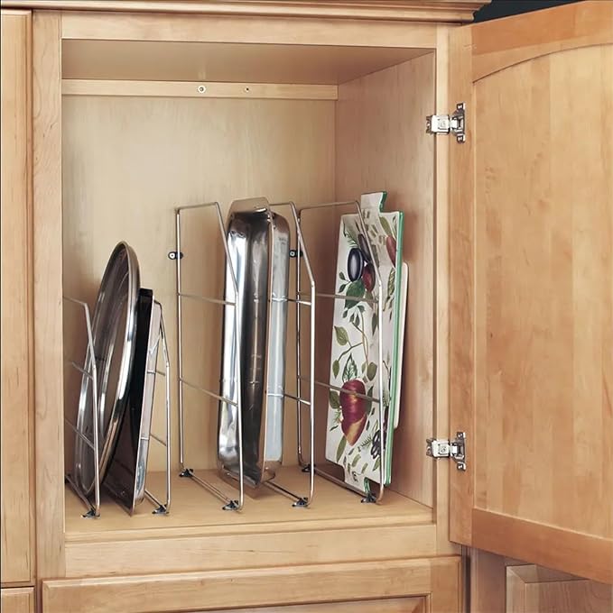 Rev-A-Shelf 12" Bakeware and Tray Divider for Wall/Base Cabinets, Baking & Cookie Sheet Organizer, Min Opening Width of 3", Chrome, 597-12CR-2-1