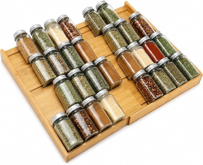 Bamboo Spice Drawer Organizer – Expandable Spice Rack for Drawer – 4 Tiered Premium Bamboo Kitchen Seasoning Organizer for Drawer Spice Organizer, Seasoning rack insert for Cabinet
