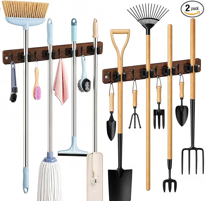 AceMining 2 Pack Broom Holder Wall Mount, 4 Holders 4 Hooks Mop Holder | Mop Holder Wall Mount and Broom Hanger for Garage, Laundry Room, Kitchen and Utility Storage