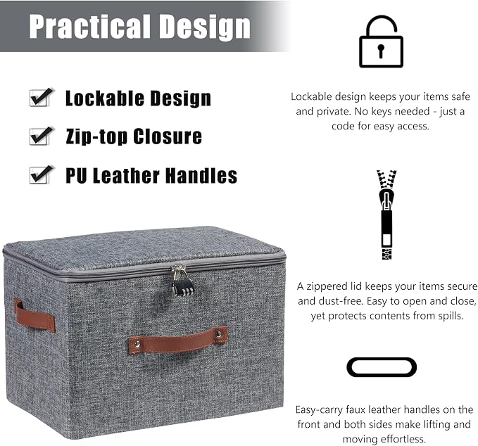 Storage Bins Boxes with Zipper Lid Combination Lock PU Leather Handles Cotton Linen Fabric Lidded Lockable Baskets Foldable Washable Closet Shelf Organizer Container (Gray, Large)