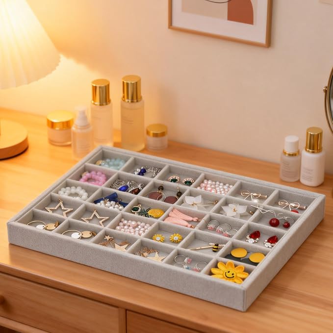 Stratalife 30 Grid Jewelry Organizer Tray, Stackable Drawer Earring Organizer with Adjustable Dividers, Jewelry Display Tray for Necklace Earring Ring Bracelet, 13.8" x 9.4" x 1.2", Grey