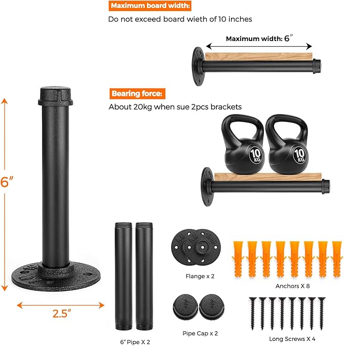 6 Inch Black Industrial Pipe Floating Clothing Rack Wall Mounted, Heavy Duty Garment Rack for Hanging Clothes, Multi-purpose Hanging Rod for Closet Storage, 4 Pack
