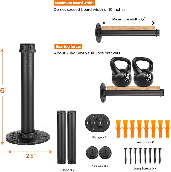 6 Inch Black Industrial Pipe Floating Clothing Rack Wall Mounted, Heavy Duty Garment Rack for Hanging Clothes, Multi-purpose Hanging Rod for Closet Storage, 12 Pack