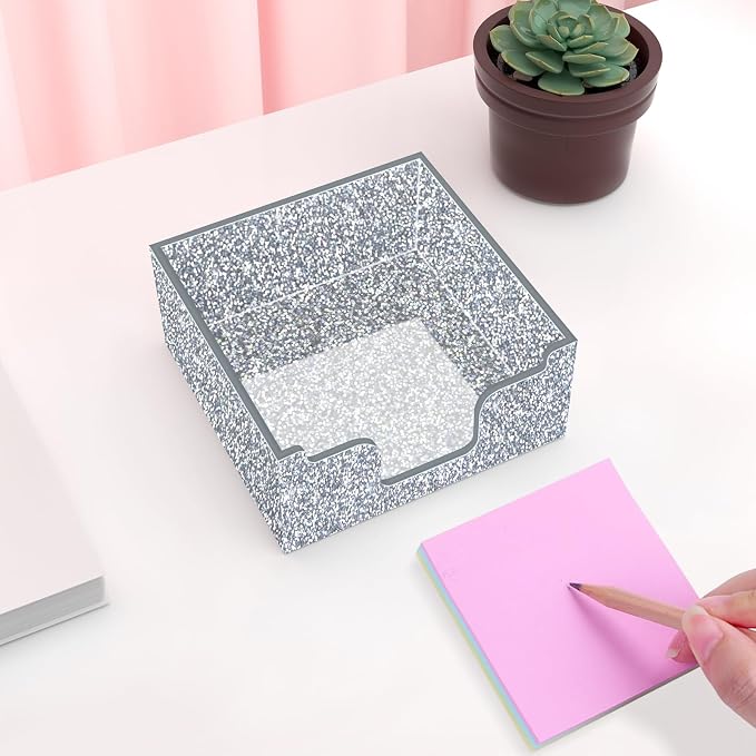 Rouidr Acrylic Sticky Note Holder, Self Stick Note Pad Holder, Silver | 3.94 x 3.94 Inch Glitter Memo Pad Dispenser Organizer for School Office Home Desk Supplies