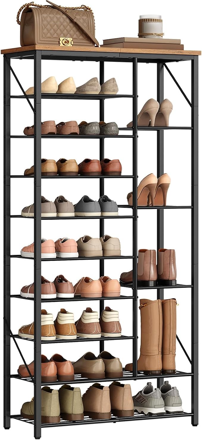 HOOBRO 10 Tier Shoe Rack for Entryway, Large Capacity Tall Shoe Storage | 27.6" L Shoe Shelf, Storage Organizer with Metal Plates, Sturdy and Stable, for Bedroom, Hallway, Closet Rustic Brown