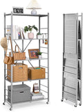 VEVOR 5-Tier Foldable Storage Shelf, 32W x 14D x 72H Inch Folding Metal Rack Shelving Unit, Heavy Duty No Assembly Organizer Shelf with 5 Wheels & 4 Hooks for Pantry, Kitchen, Garage, Basement, Grey