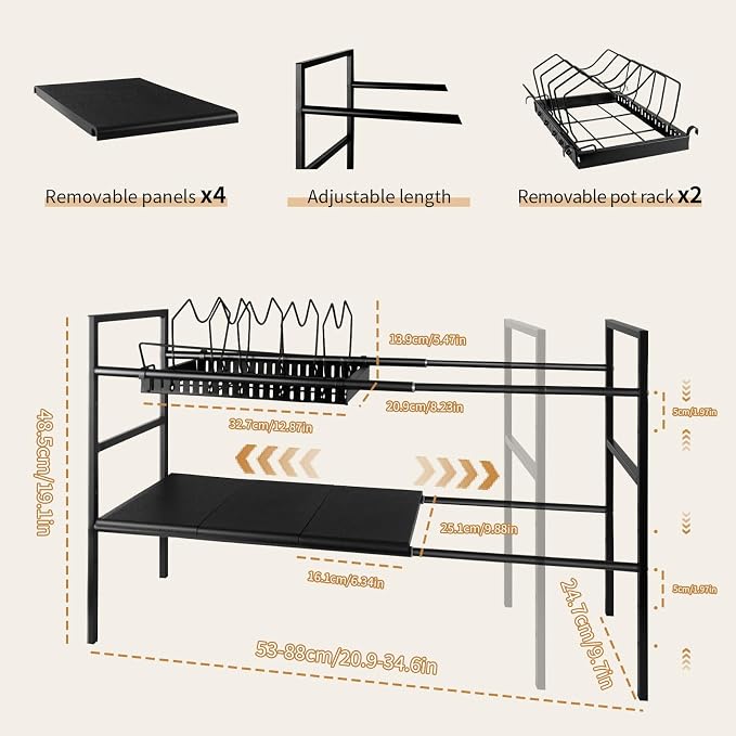 Pots and Pans Organizer Under Cabinet, Expandable Pots Organizers Inside Cabinet, Adjustable Height Under Sink Shelf 2 Tier with 10 Dividers Under Cabinet Shelf, Pot and Pan Lid Holder Rack (Black)