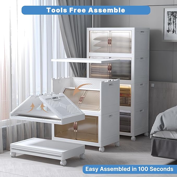 Stackable Storage Bins with Lids, Collapsible Storage Boxes, Foldable Plastic Storage Drawers for Bedroom,Office, Dorm (4, White, XL)