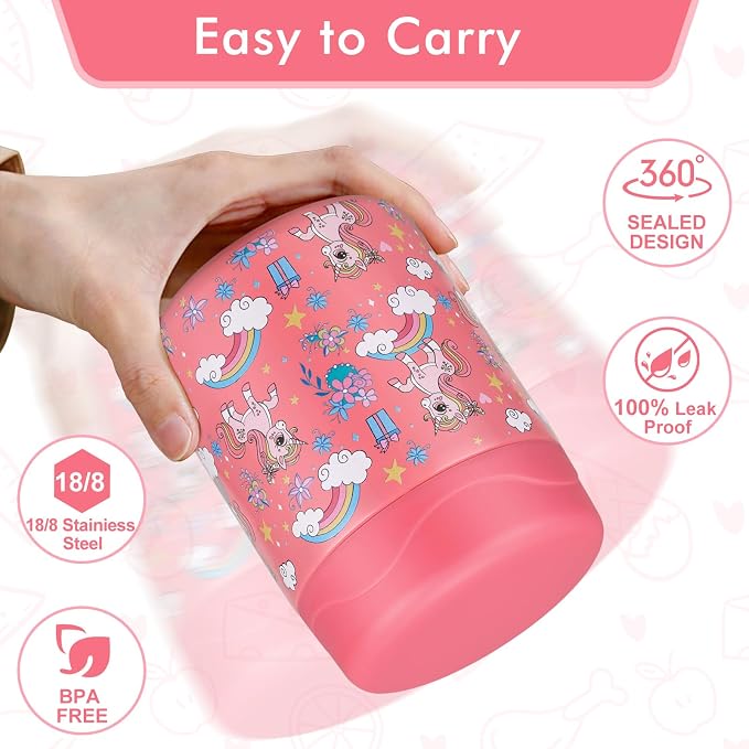wiwens 12oz Soup Thermo for Hot Food Kids Insulated Food Jar Wide Mouth Lunch Container Leak Proof Stainless Steel Vacuum Bento Box for School Office Travel Outdoors Pink-unicorn