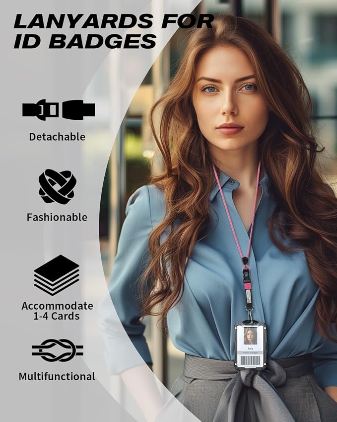 LIUGX Badge Holder with Breakaway Lanyard, Carbon Fiber-Texture, 6 Cards | American Flag, Quick Release Detachable Buckle, Metal Clip, Heavy Duty ID Card Holder, for Work, Office, All Pink