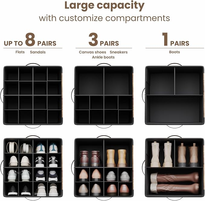 Varhomax Shoe Organizer Box for Closet 2 Pack, Fabric Shoe Storage Bin with Adjustable Dividers & Clear Cover, Holds up 16-32 Pairs of Sneakers & Sandals for Entryway, Cubby (Rust Brown)