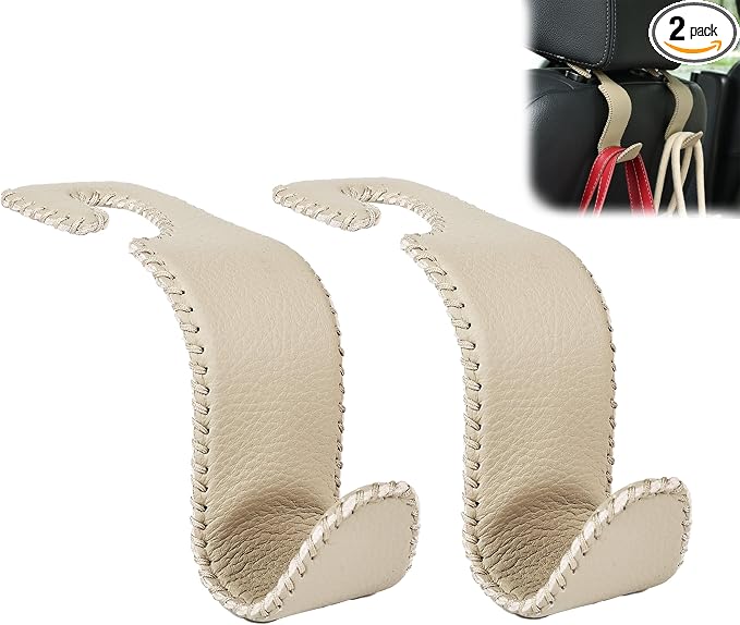Amooca Car Seat Headrest Hook Universal Vehicle Storage Hanger Leather with Metal Car Seat Back Organizer for Handbag Purse Coat Beige 2 Pack