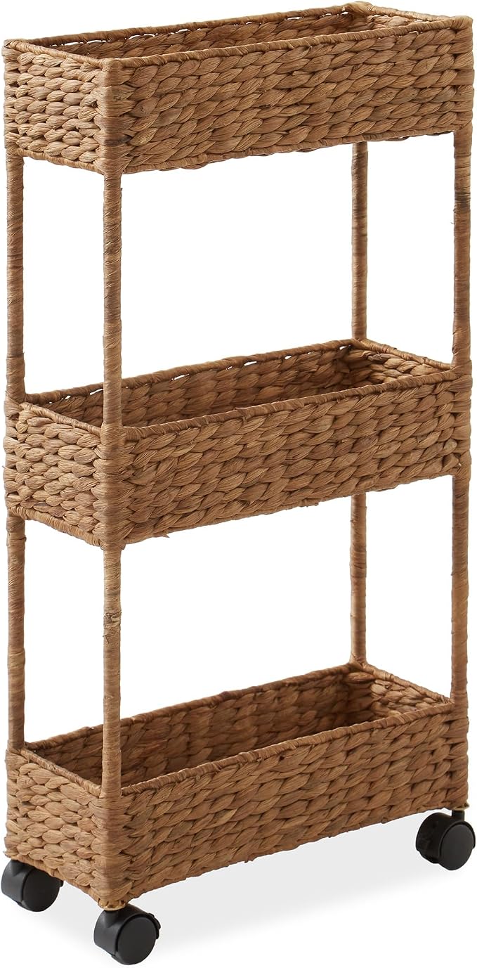 Casafield 3-Tier Slim Rolling Storage Cart - Cinnamon, Water Hyacinth Utility Cart for Bathroom, Craft Room, Nursery, Laundry Room Organization