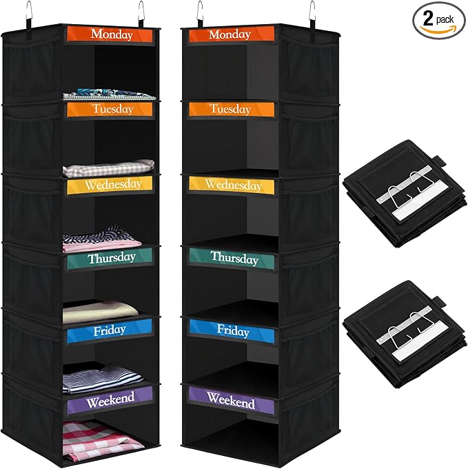 Amylove 2 Pack 6 Shelf Weekly Clothes Organizer for Kids with Side Pocket, 47 Inch Days of the Week Clothes Organizer, Monday to Friday Daily School Outfits Clothing Divider for Kids(Black)