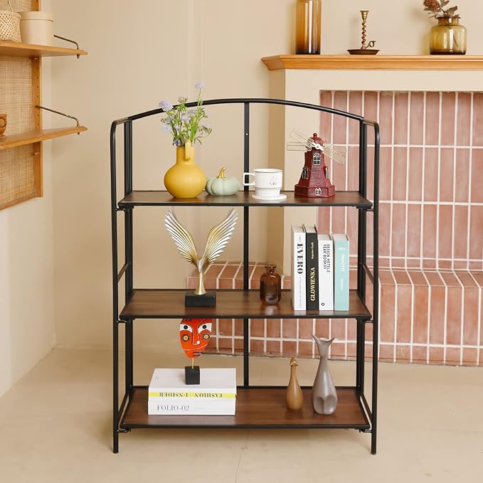 Crofy 3-Tier Wider Foldable Bookshelf, Black Frame & Walnut Shelves | No-Assembly Collapsible Portable Storage Organizer; Sturdy Walnut Finish Shelves; Ideal for Living Room & Home Office