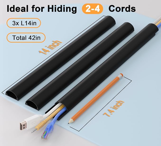 ZhiYo 42.5in Cord Hider for 2-4 Wall-Mounted TV Wires, 1.4"W x 0.7"H, Black | Split-Hinge Design for Easy Installation, Half-Round Glazed Finish Ideal for Wall/Baseboard, Self-Adhesive, 3Pack(14.2" Each)