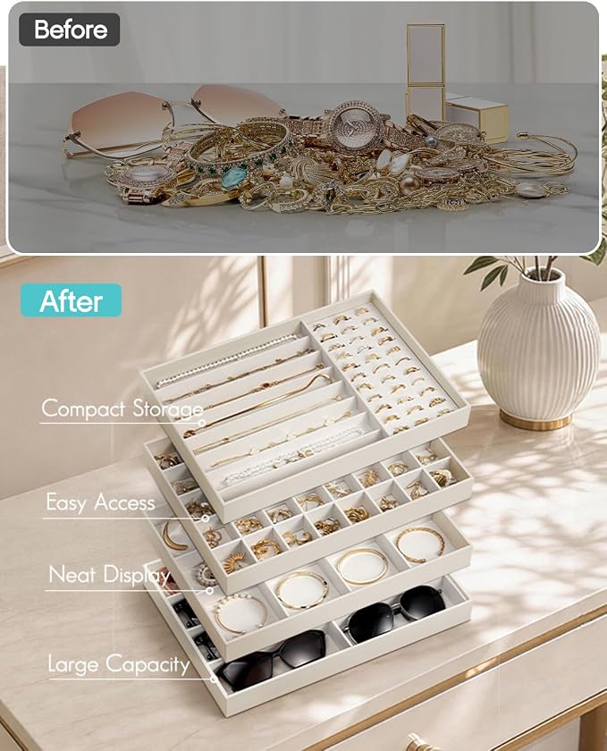 VLANDO Sunglasses Organizer,Stackable Jewelry Tray for Glasses,Beige | Removable Dividers, Soft Velvet Lining, Drawer Organizer for Glasses, Watches, Vanity Display, Gift for Women Girl