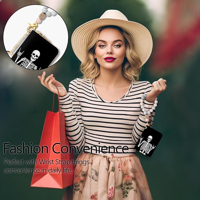 Blusabaca RFID Credit Card Holder Small Women Travel Wallet, Skull Skeleton | Removable Keychain, Case with Zipper, Vegan PU Leather, Cash Coin Pocket, Business Accordion Purse, Ladies Female Gift